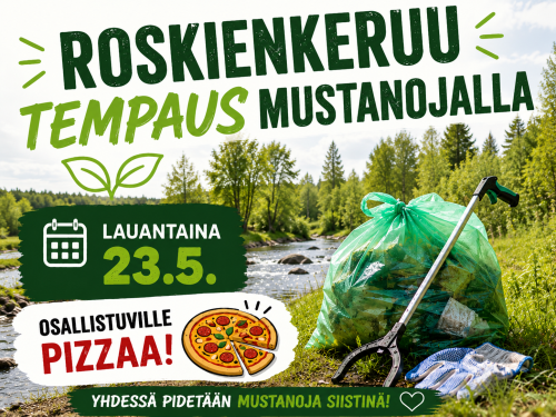 Roskiekeruu Mustanojalla Pöytyällä. Kuva tehty AI:lla.